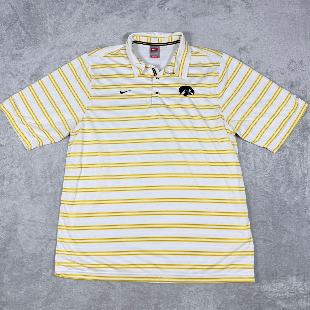 Nike Mens Large Iowa Hawkeyes y2k Striped Polo Shirt White Yellow